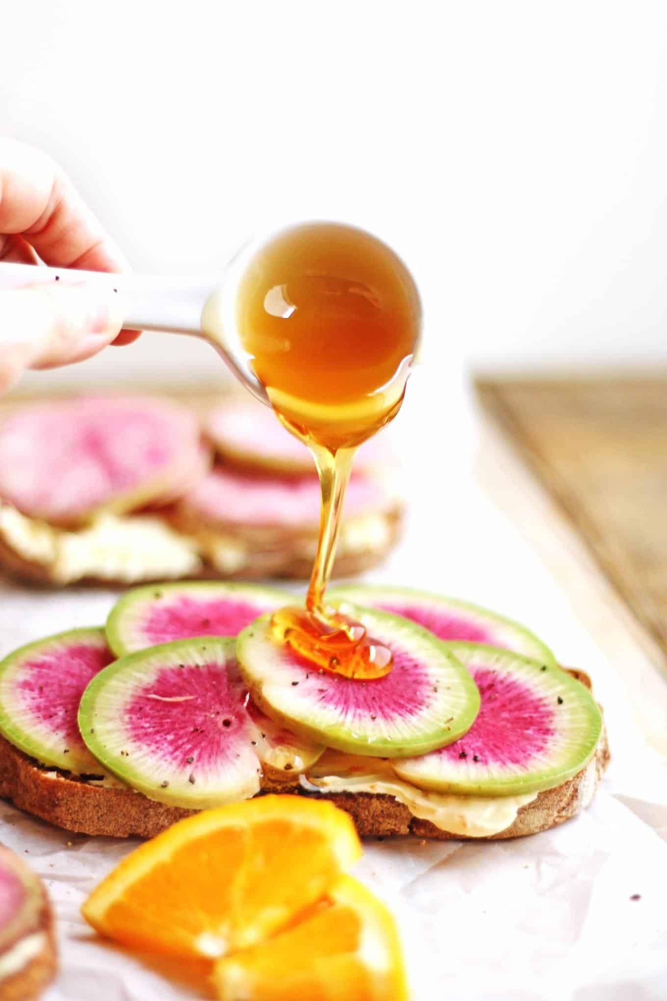 Watermelon Radish Toast with Orange Mascarpone and Honey