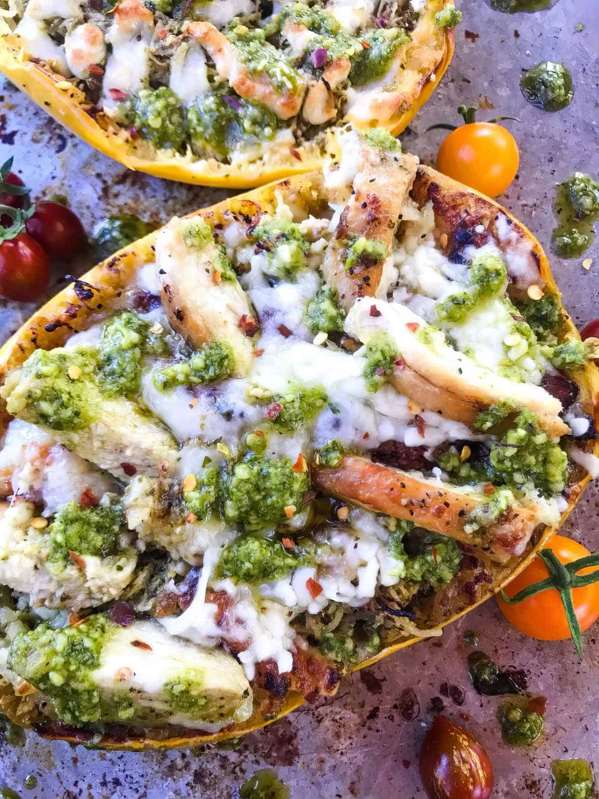 Delicious Italian Low Carb Cheesy Chicken Pesto Spaghetti Squash