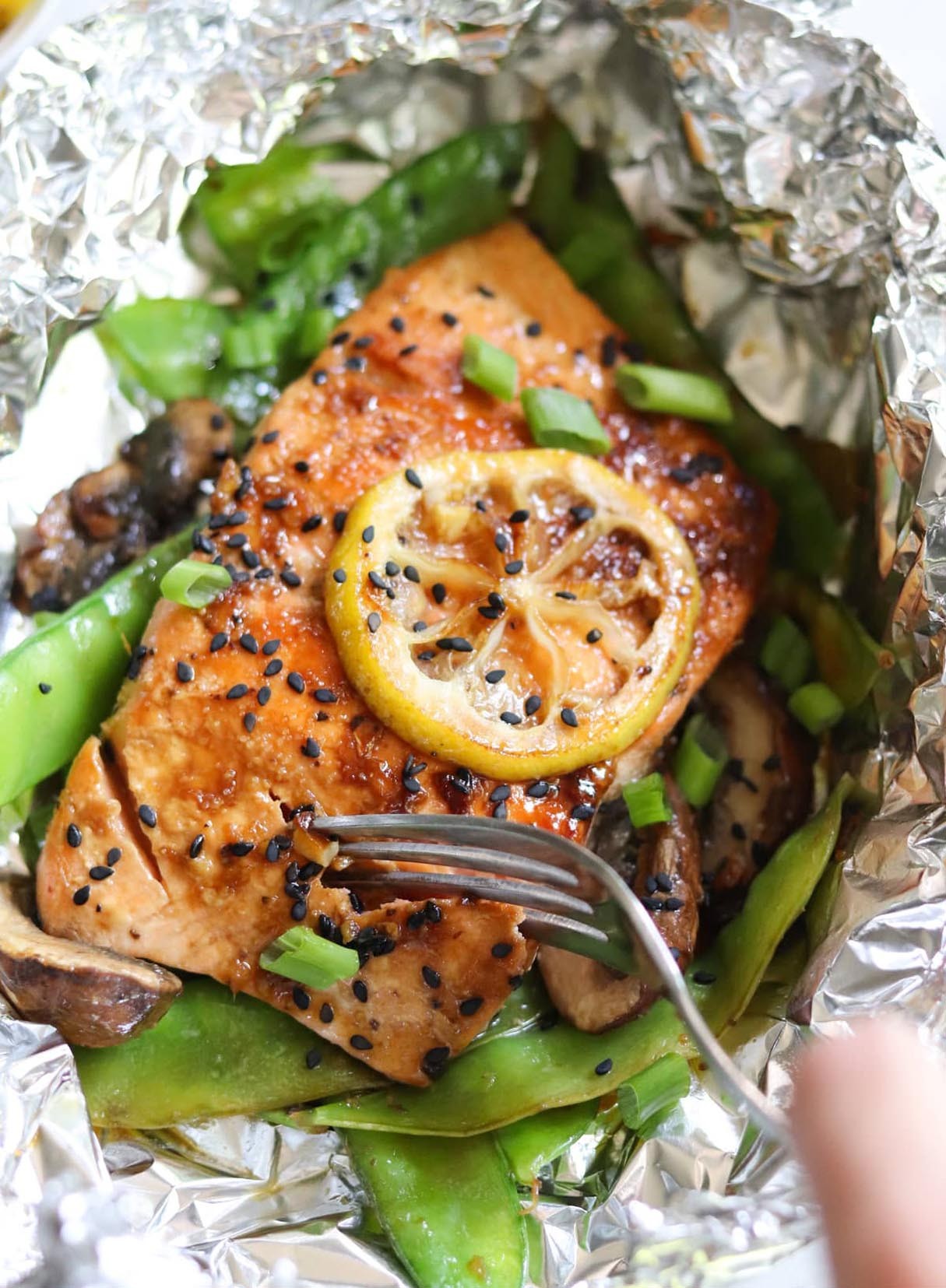 Asian Foil Wrapped Salmon with Snow Peas & Mushrooms