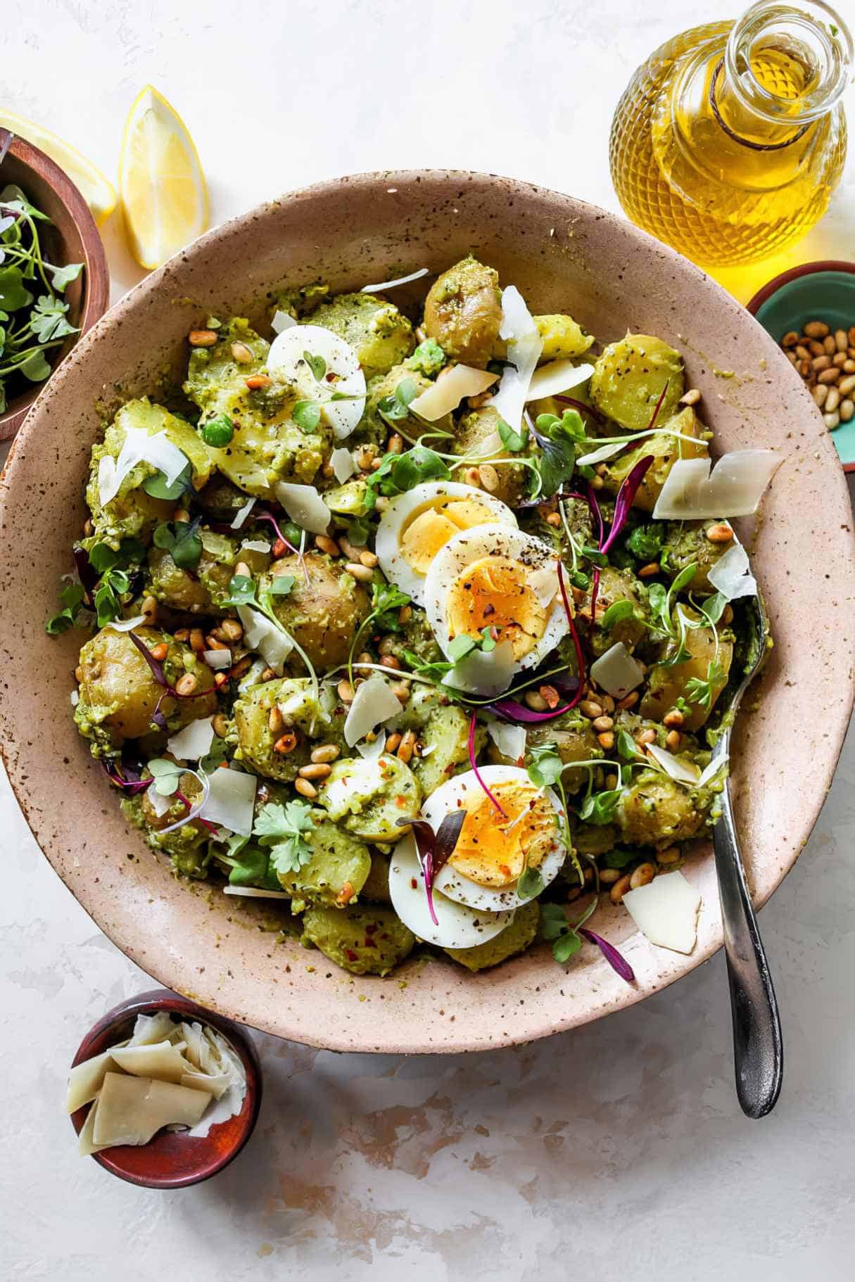 Pesto Potato Salad With Peas, Red Peppers, and Pine Nuts