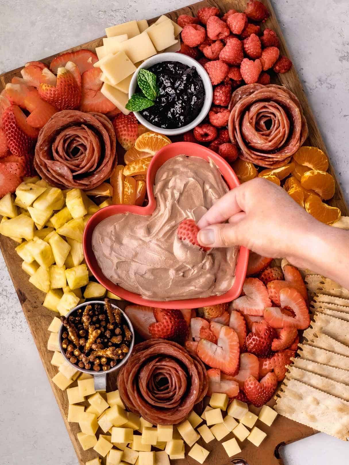 Valentine’s Day Charcuterie Board with Chocolate Fruit Dip