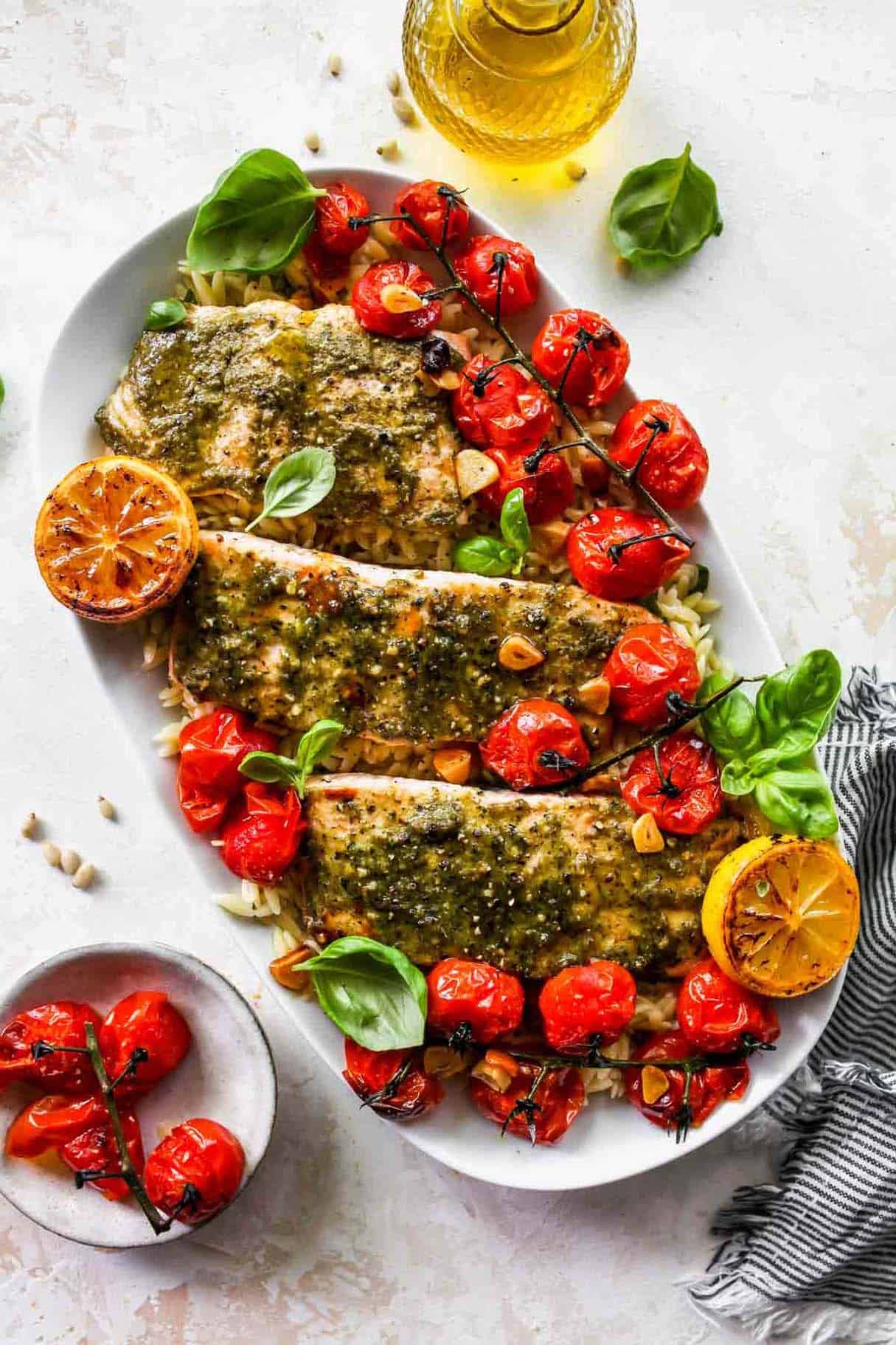 Pesto Salmon with Sun-dried Tomato Orzo