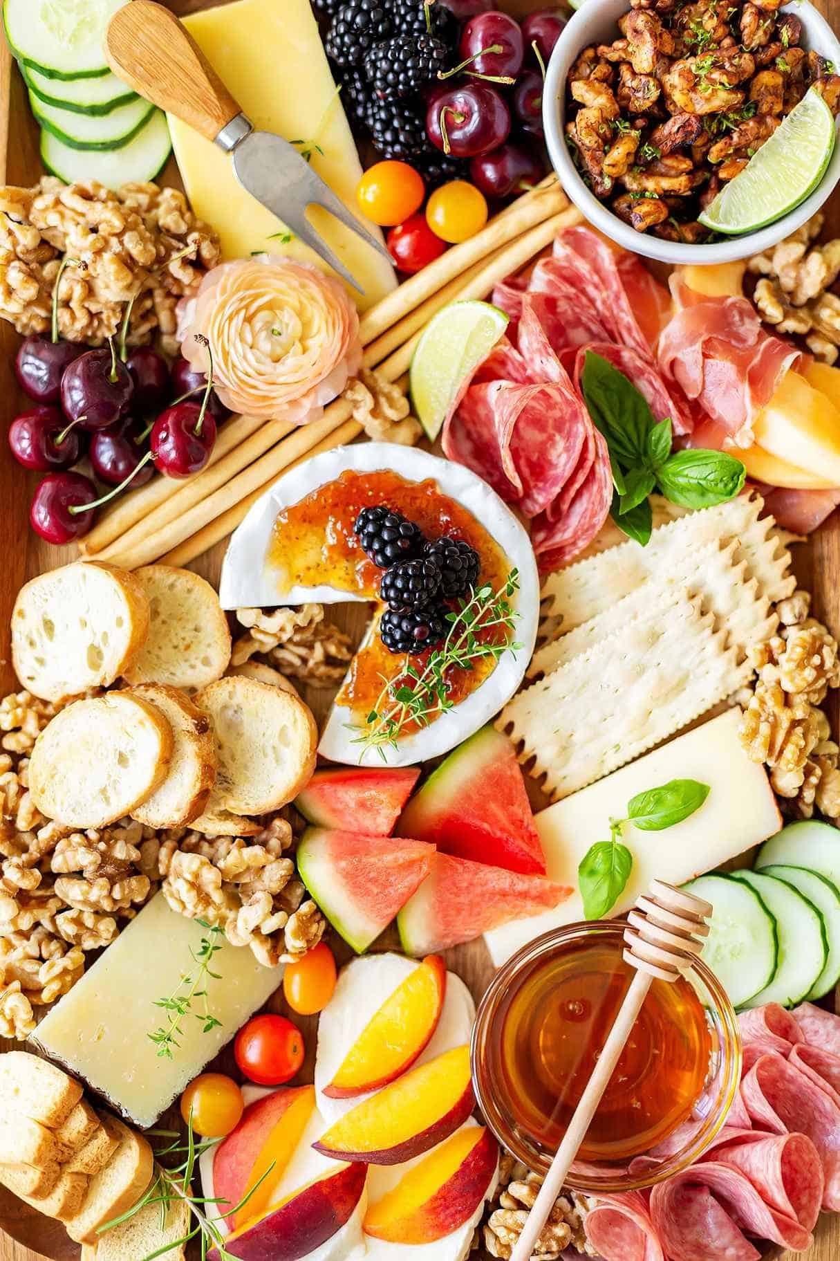 Summer Grazing Charcuterie Board with Little Bowls of Honeys, Jams, Dips, Nuts