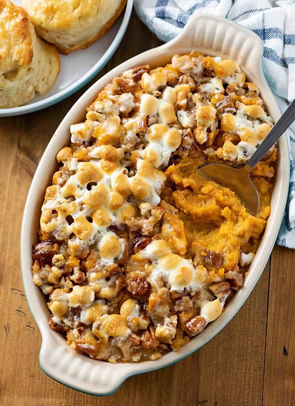 Sweet Potato Casserole With Marshmallows and Crumbly Pecans