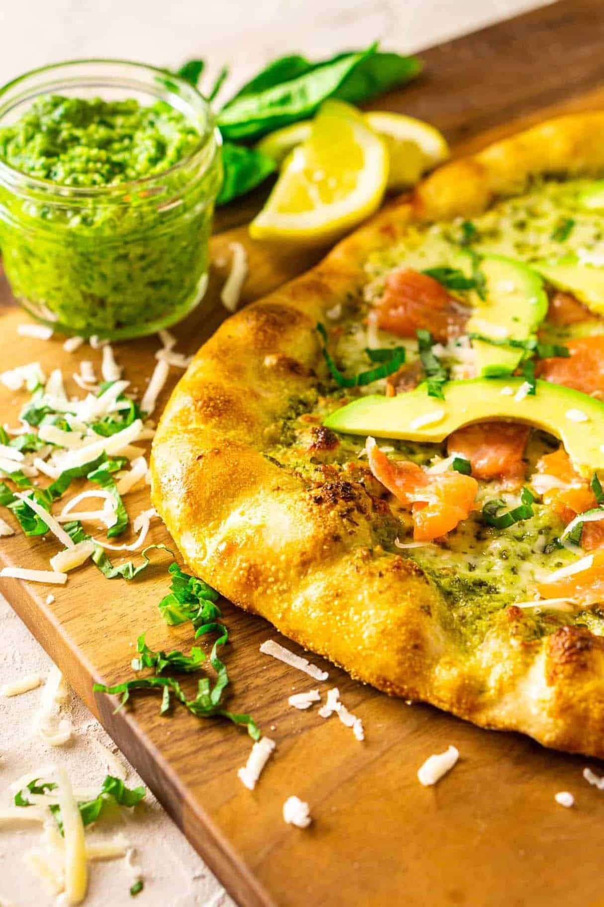 Farmed Salmon, Avocado and Pesto Pizza