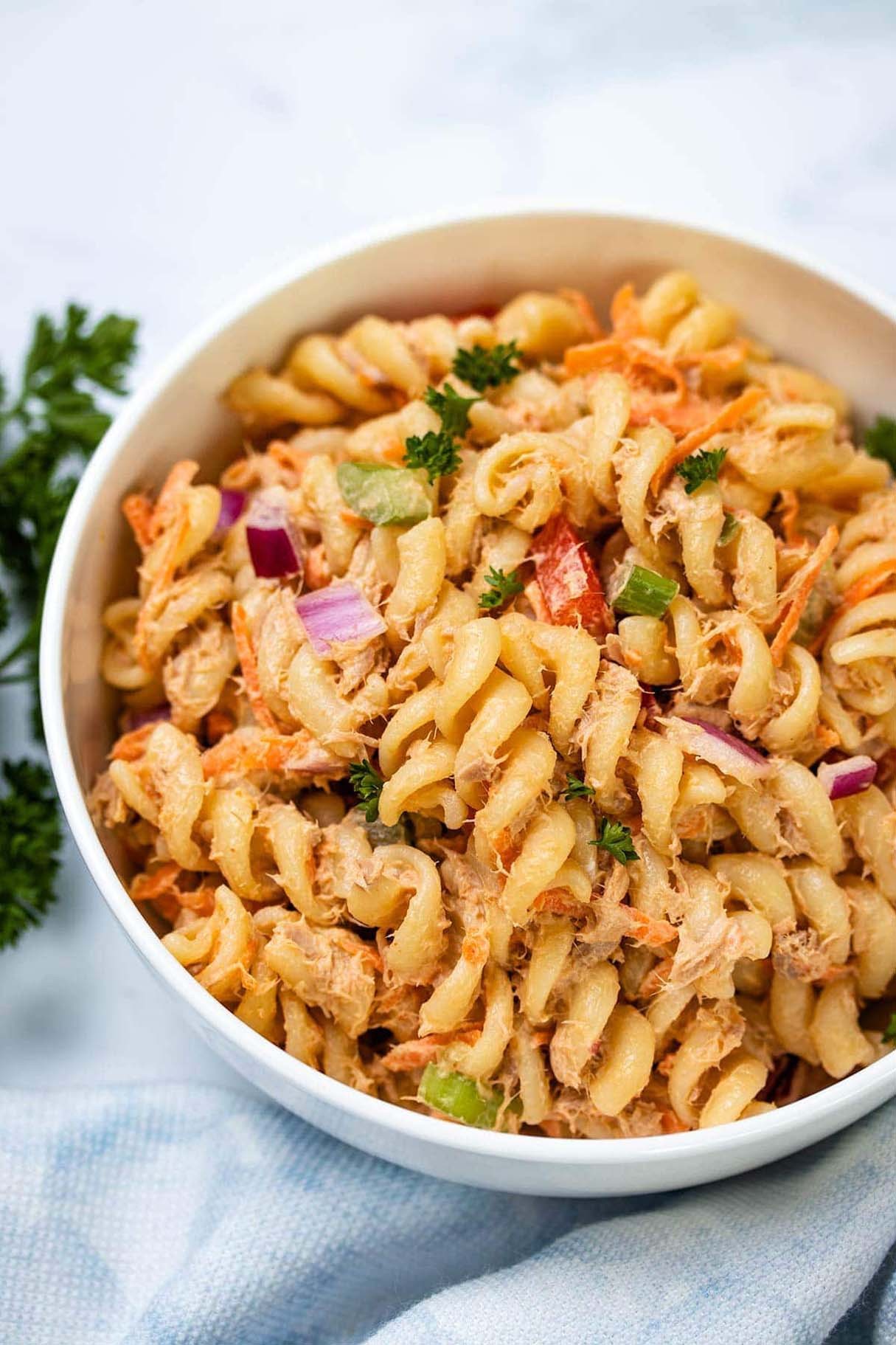 Delicious, Creamy, Sweet and Spicy Tuna Pasta Salad