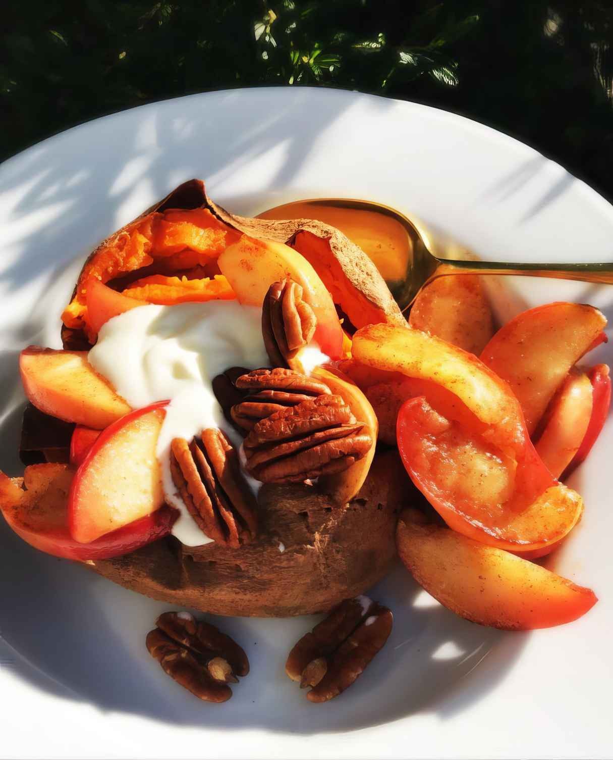 Baked Sweet Potato With Cinnamon Apples and Greek Yogurt