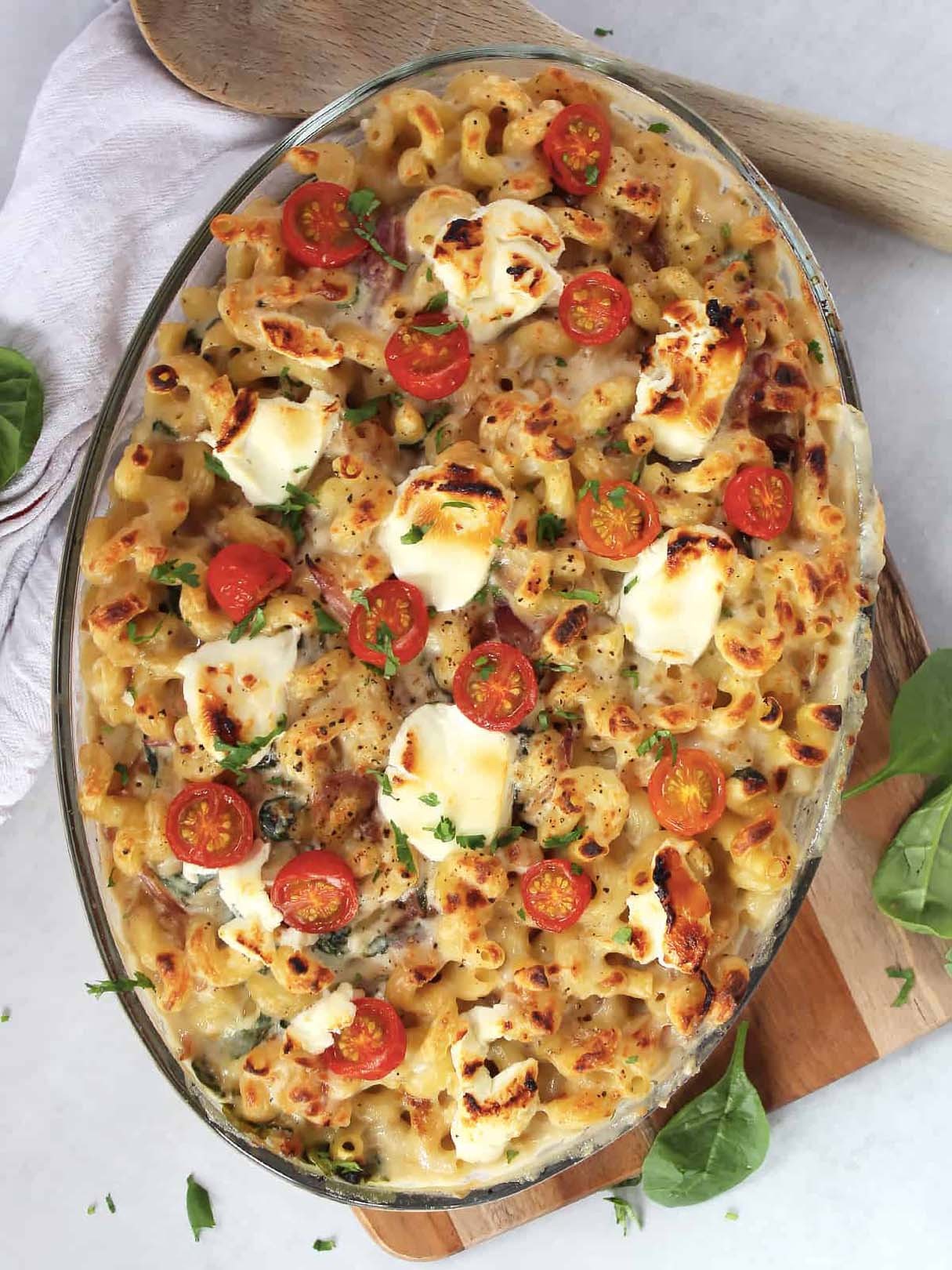 Vegetarian Pasta Bake with Red Onion, Goats Cheese, Spinach and Tomatoes