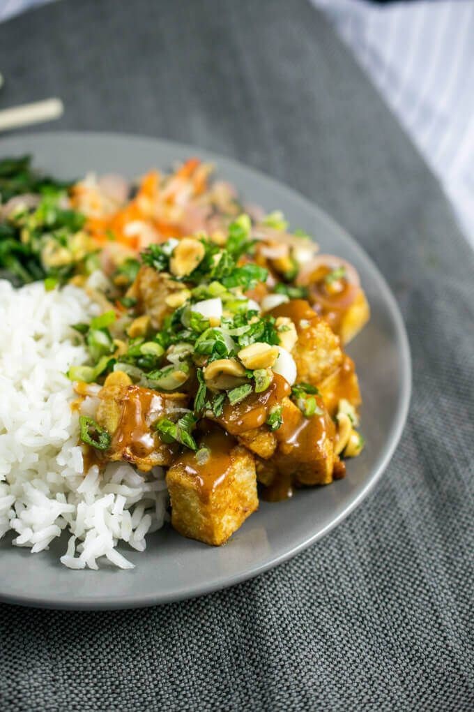 Crispy Baked Peanut Vegan Tofu with Pickled Shallots and Fresh Herbs