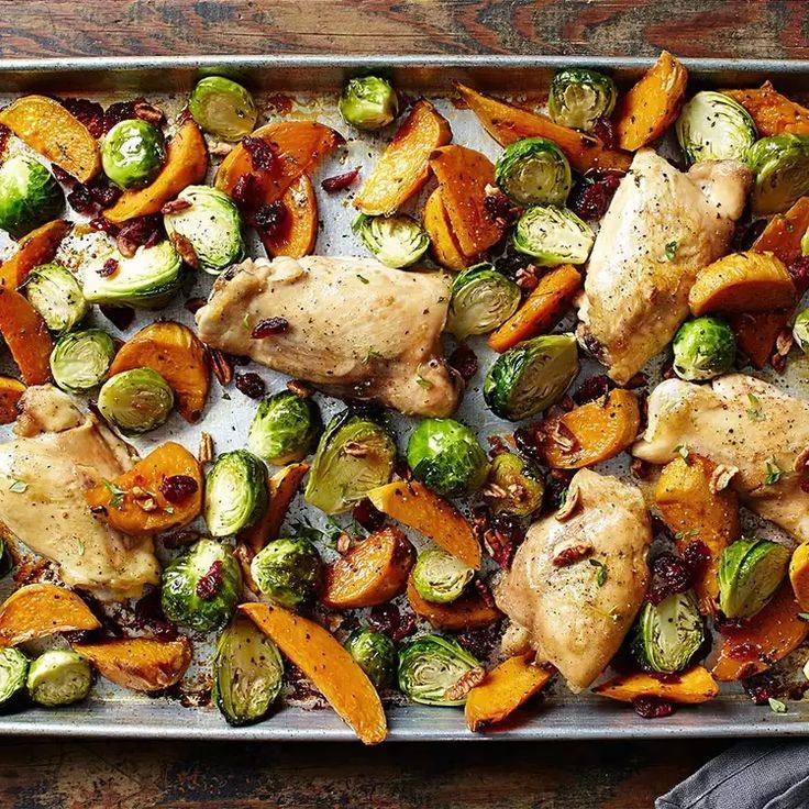 Maple-Roasted Chicken Thighs with Sweet Potato Wedges and Brussels Sprouts