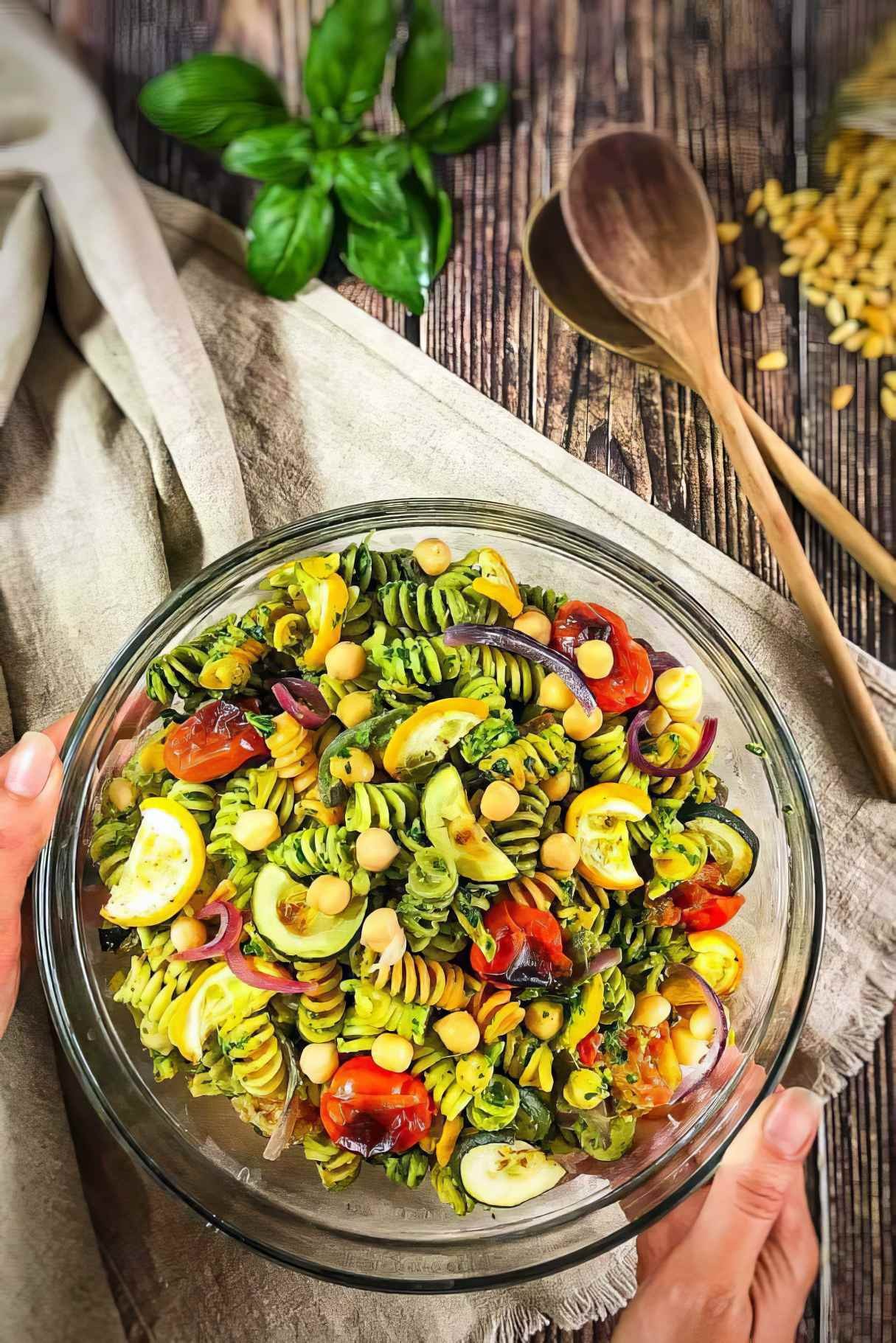 Vegan Pesto Pasta Salad with Roasted Veggies for a Summer Cookout